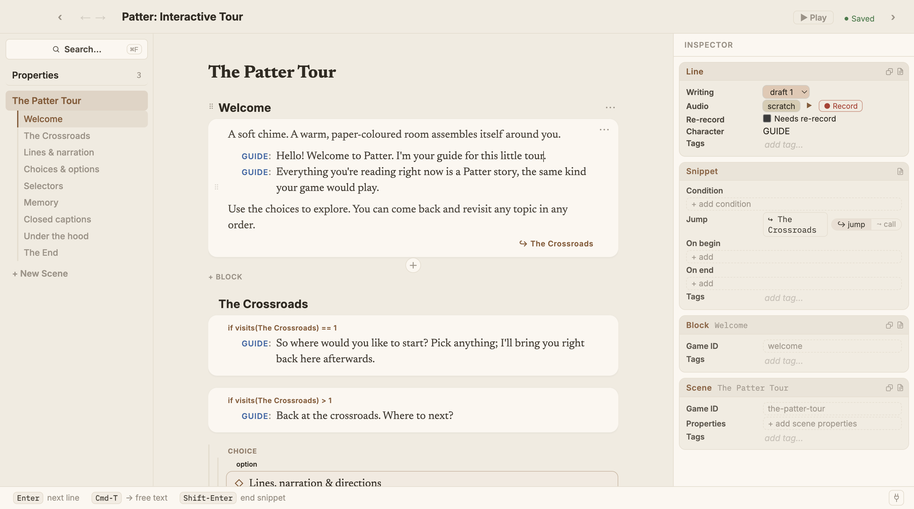Patterpad editor showing a screenplay-style script with an inspector panel